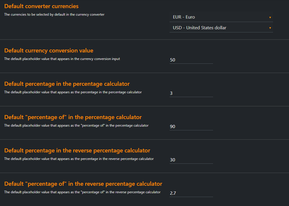 Options, default popup values Options, default popup values