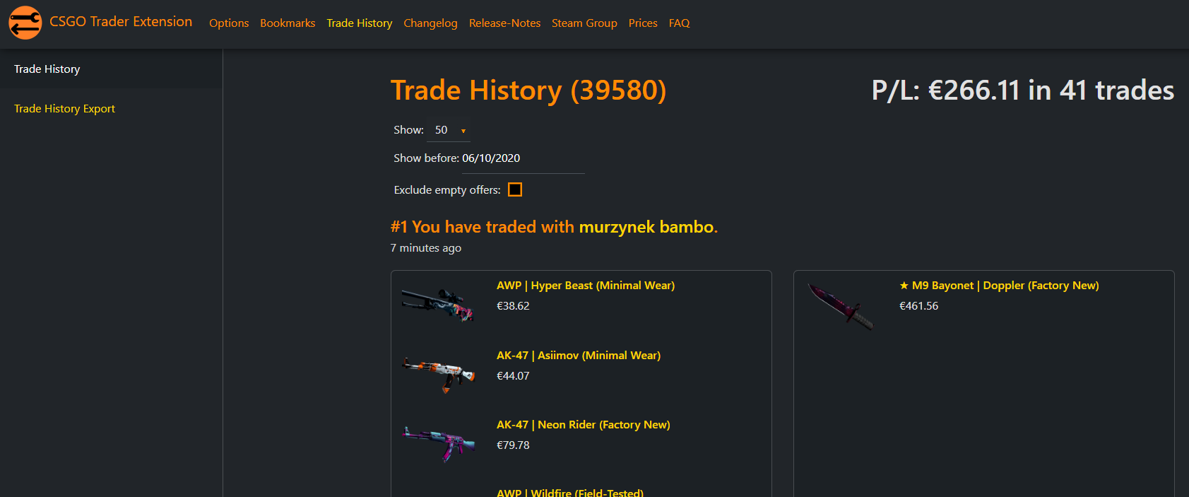 Trade history header Trade history header
