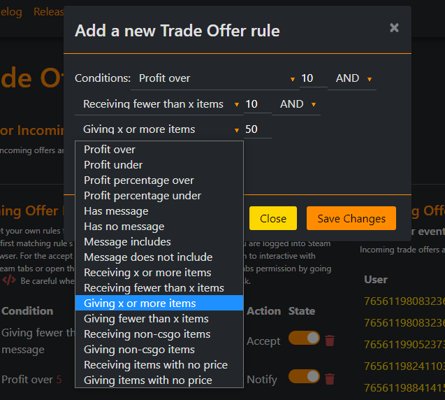 Add a new Trade Offer rule Add a new Trade Offer rule