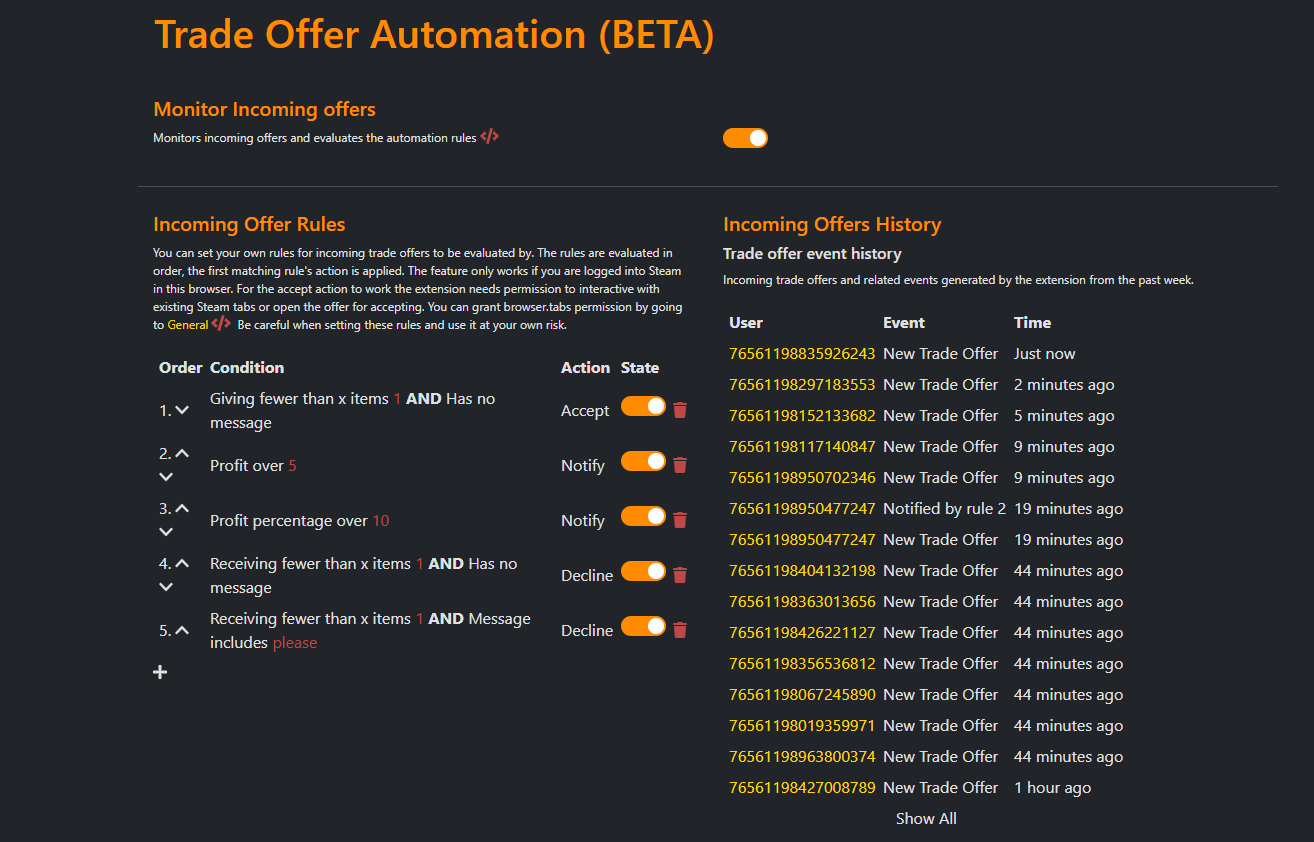 Trade Offer Automation (BETA) Trade Offer Automation (BETA)